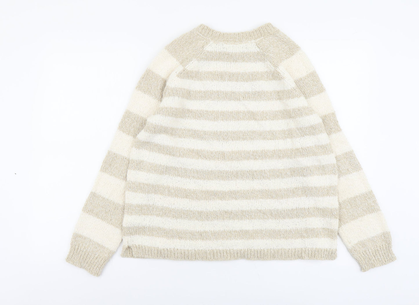 Marks and Spencer Womens Beige Round Neck Striped Polyester Pullover Jumper Size 14