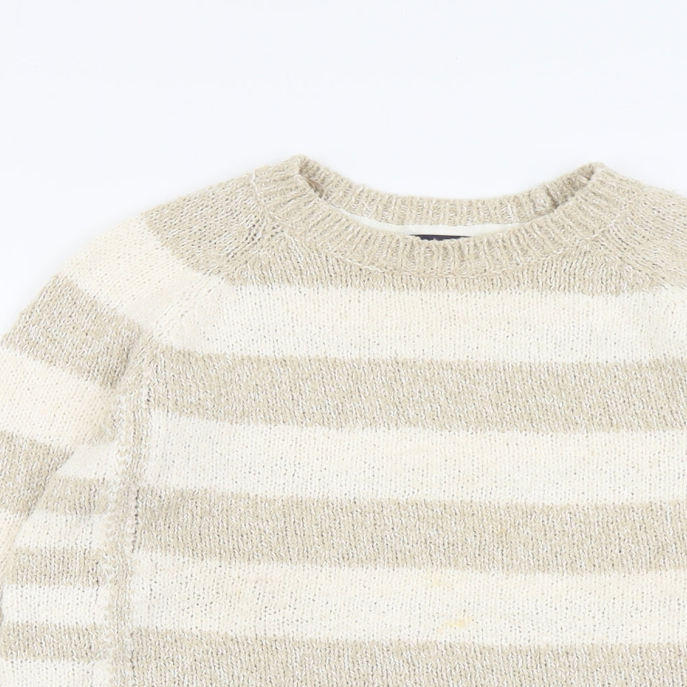 Marks and Spencer Womens Beige Round Neck Striped Polyester Pullover Jumper Size 14