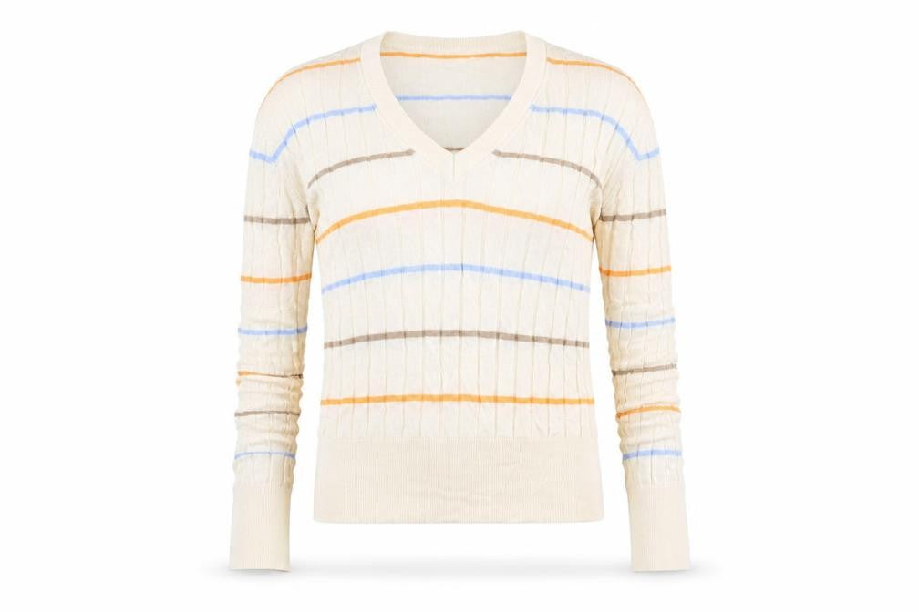 Marks & Spencer Womens Beige V-Neck Striped Acrylic Pullover Jumper Size M - Ribbed