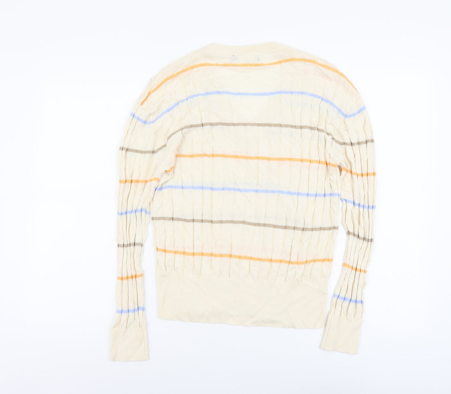 Marks and Spencer Womens Beige V-Neck Striped Acrylic Pullover Jumper Size M - Ribbed