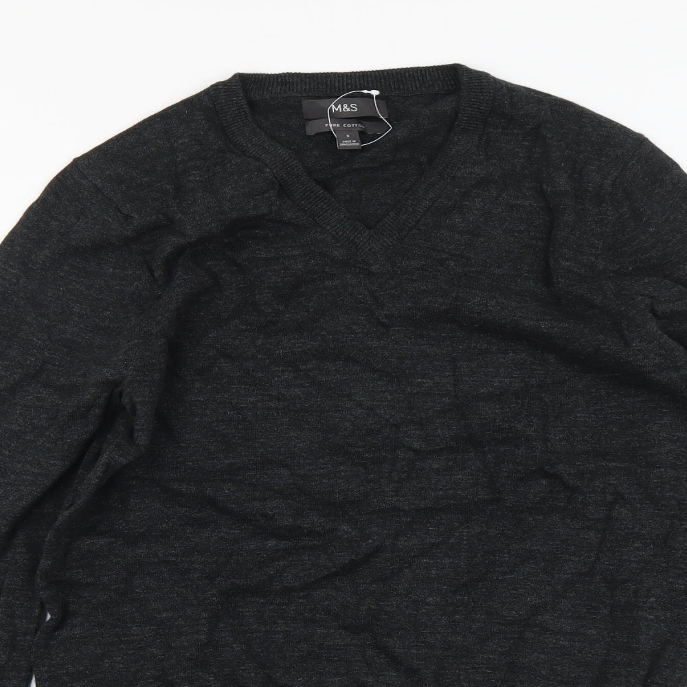 Marks and Spencer Mens Grey V-Neck Cotton Pullover Jumper Size S Long Sleeve