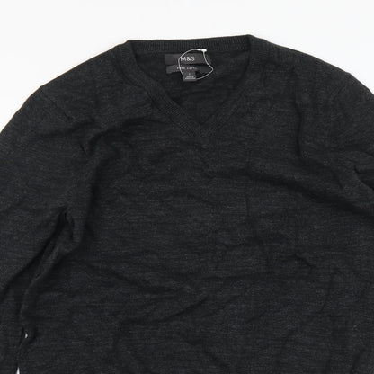 Marks & Spencer Mens Grey V-Neck Cotton Pullover Jumper Size S Long Sleeve