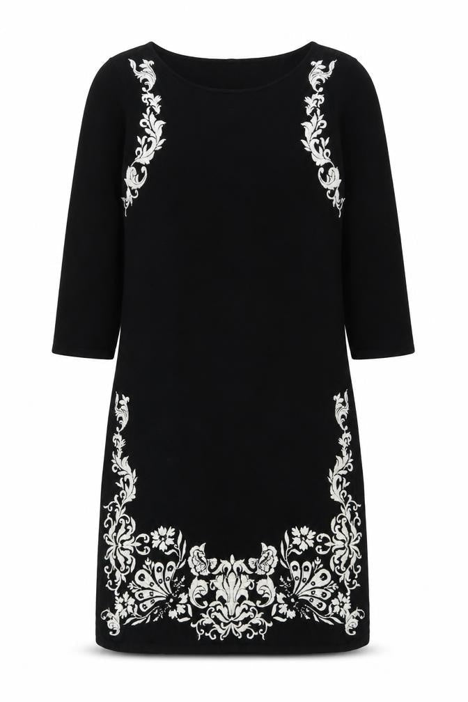 Monsoon Womens Black Floral Cotton Sheath Size 12 Boat Neck Pullover