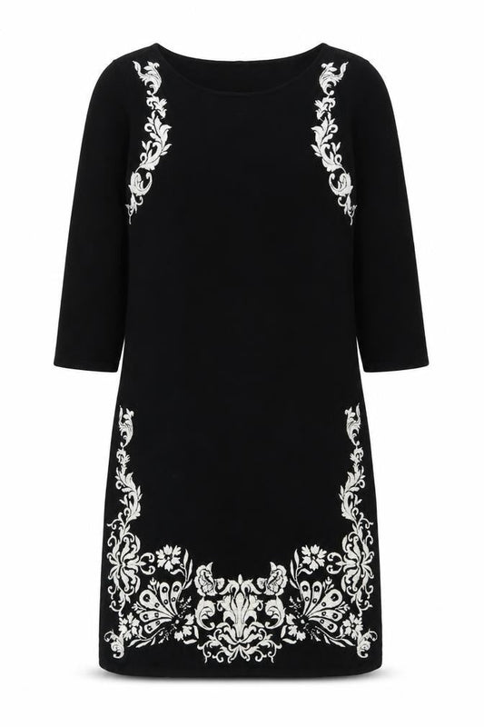Monsoon Womens Black Floral Cotton Sheath Size 12 Boat Neck Pullover