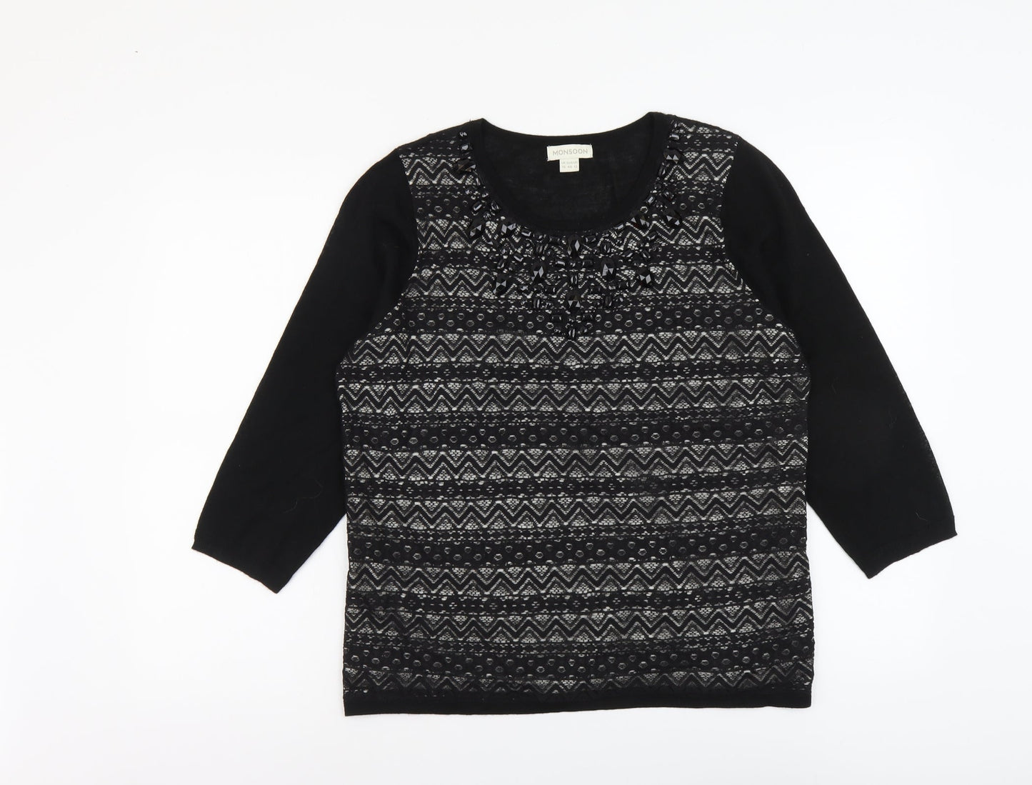 Monsoon Womens Black Round Neck Geometric Acrylic Pullover Jumper Size 16