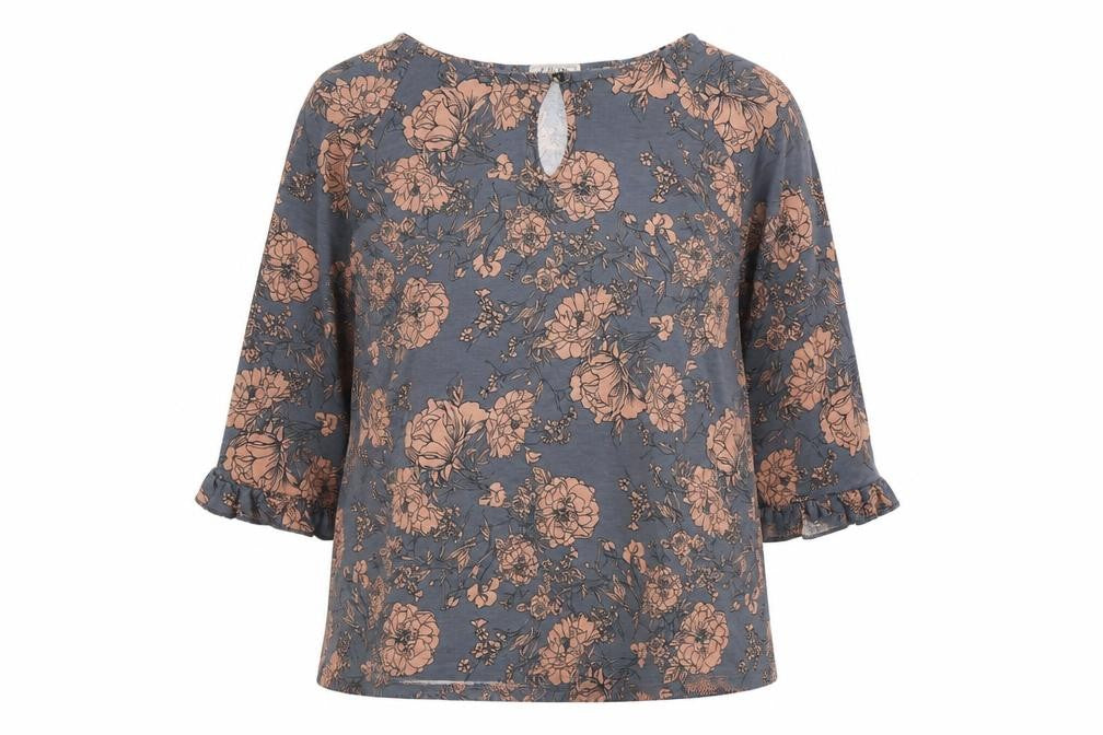 Auburn Womens Blue Floral Polyester Basic Blouse Size L Boat Neck