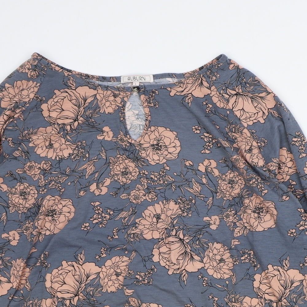 Auburn Womens Blue Floral Polyester Basic Blouse Size L Boat Neck
