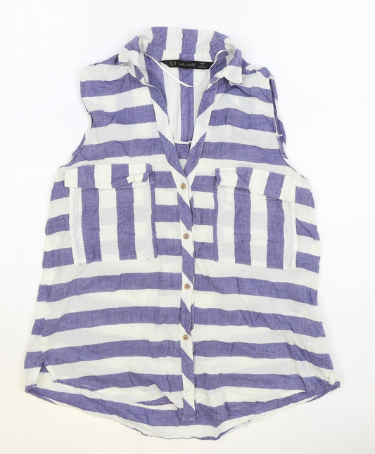 Zara Womens Blue Striped 100% Cotton Basic Button-Up Size XS Collared