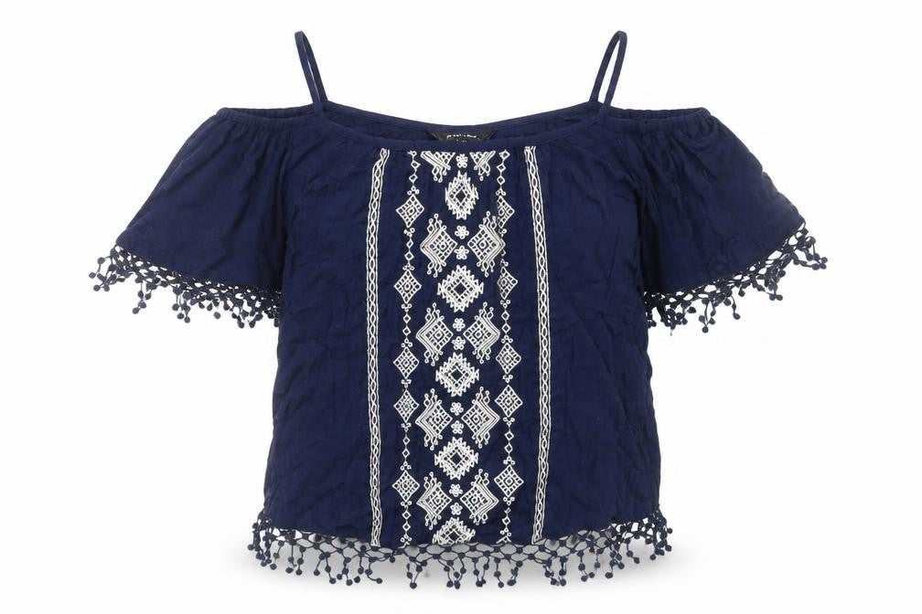 New Look Womens Blue Geometric Viscose Basic Blouse Size 8 Off the Shoulder