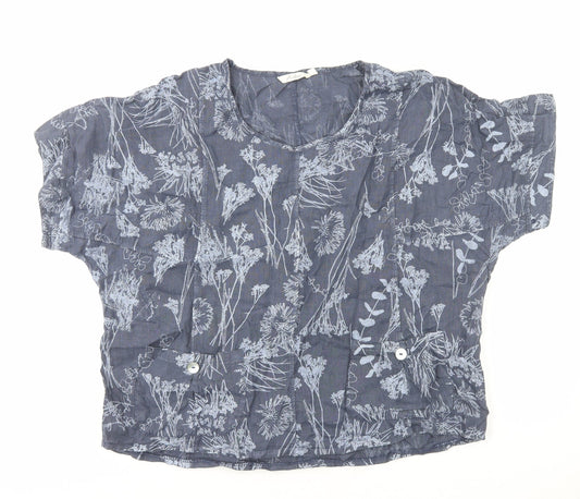 Adini Womens Blue Floral Cotton Basic T-Shirt Size M Round Neck