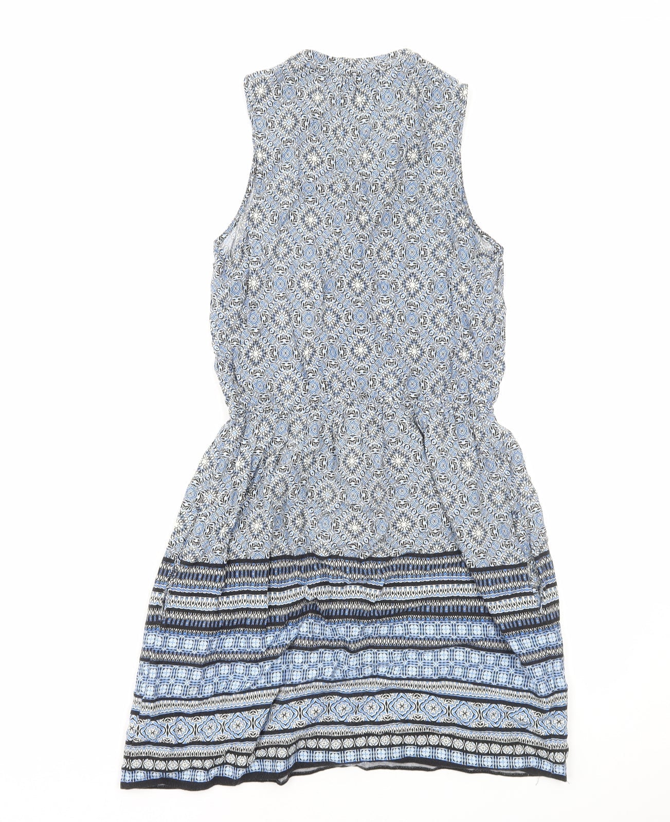 New Look Womens Blue Geometric Viscose A-Line Size 8 V-Neck Pullover