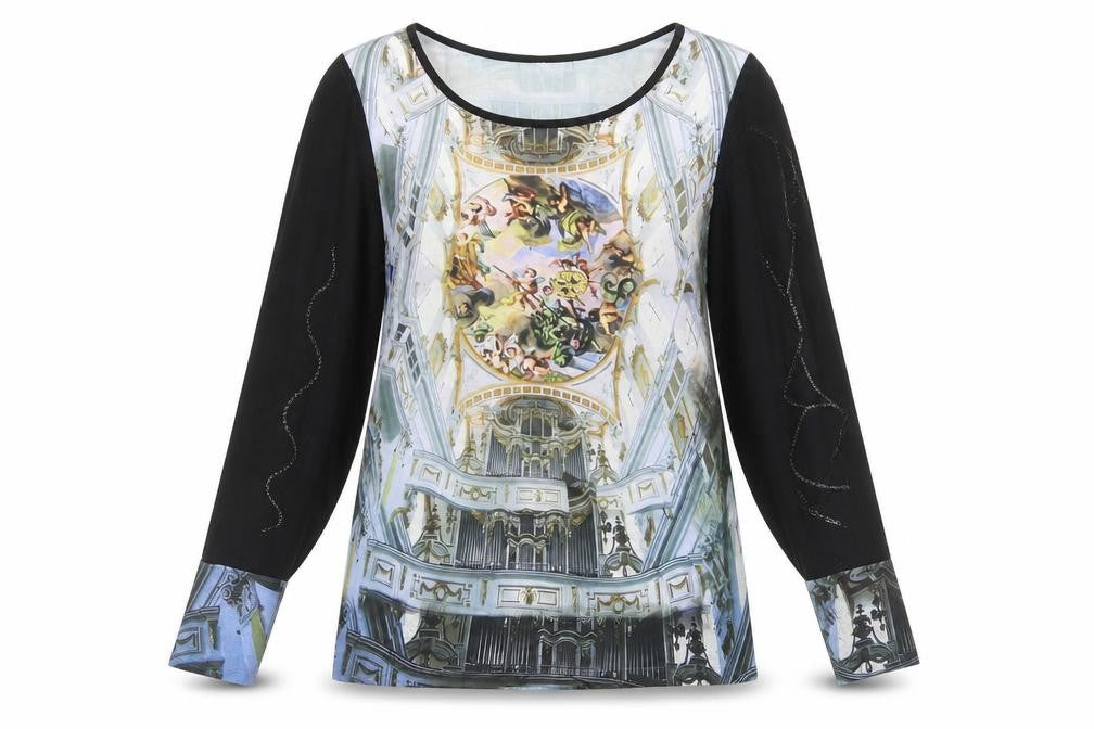 Critical Pass Womens Black Geometric Polyester Basic Blouse Size 10 Boat Neck