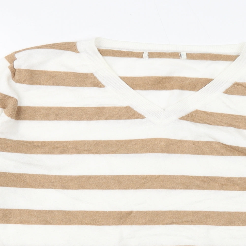 Primark Womens White V-Neck Striped Polyester Pullover Jumper Size 10