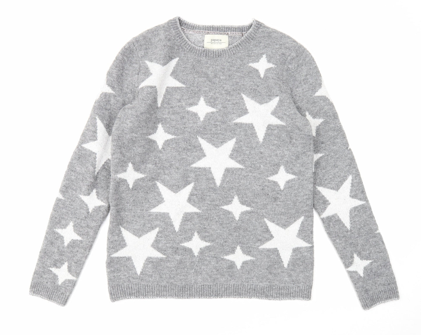 Papaya Womens Grey Scoop Neck Geometric Acrylic Pullover Jumper Size S - Stars