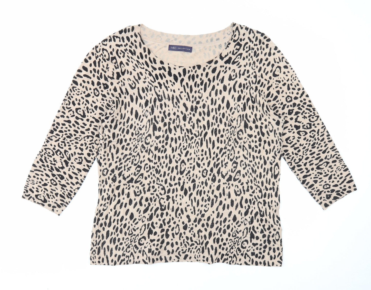 Marks and Spencer Womens Beige Round Neck Animal Print Viscose Pullover Jumper Size 16 - Leopard Pattern