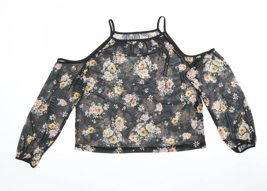 New Look Womens Black Floral Polyester Basic Blouse Size 10 Square Neck - Cold Shoulder
