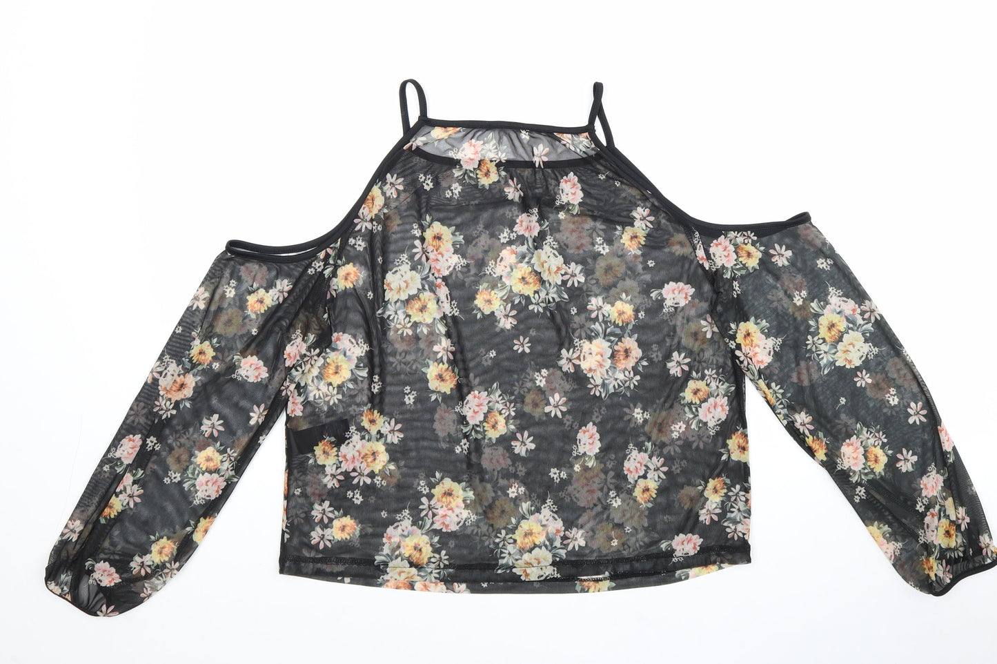 New Look Womens Black Floral Polyester Basic Blouse Size 10 Square Neck - Cold Shoulder