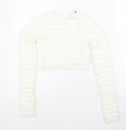 Boohoo Womens White Polyester Cropped Blouse Size 10 Round Neck - Textured
