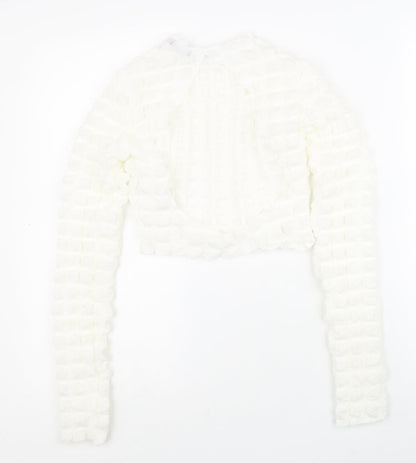 Boohoo Womens White Polyester Cropped Blouse Size 10 Round Neck - Textured