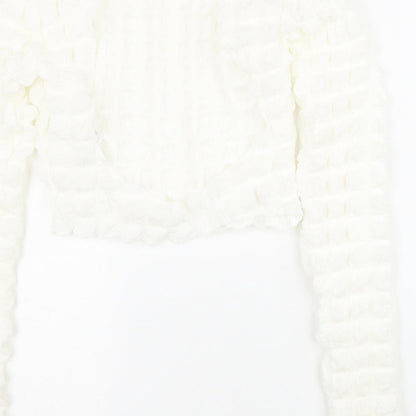 Boohoo Womens White Polyester Cropped Blouse Size 10 Round Neck - Textured