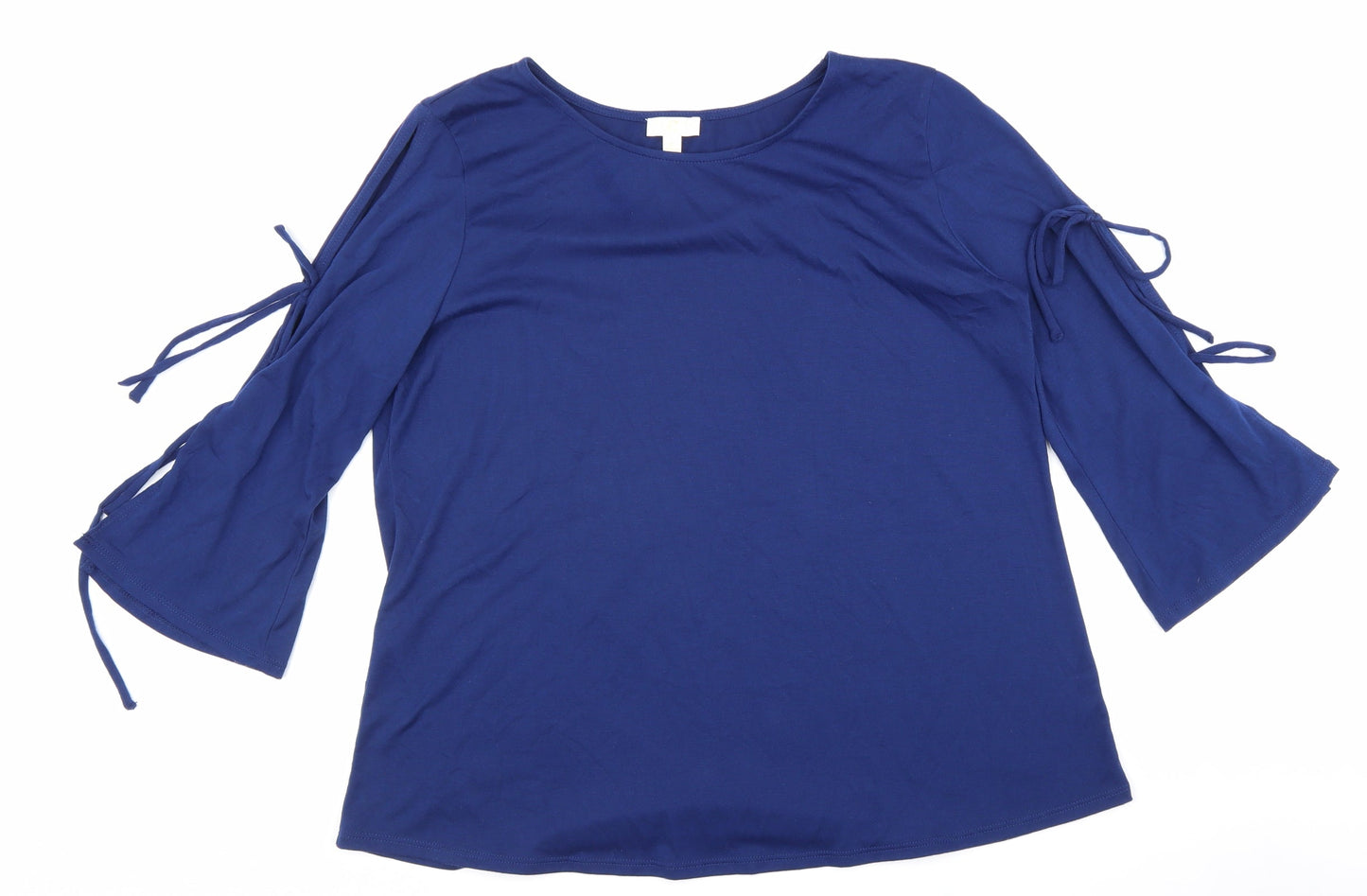 Preworn Womens Blue Polyester Basic Blouse Size L Boat Neck - Tie Sleeve Detail