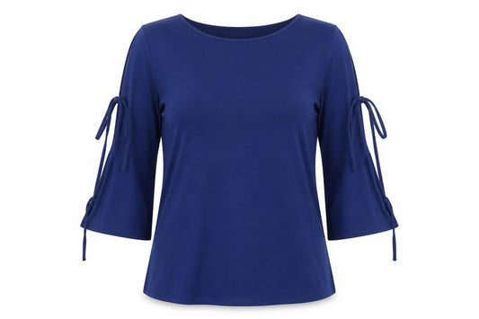 Preworn Womens Blue Polyester Basic Blouse Size L Boat Neck - Tie Sleeve Detail