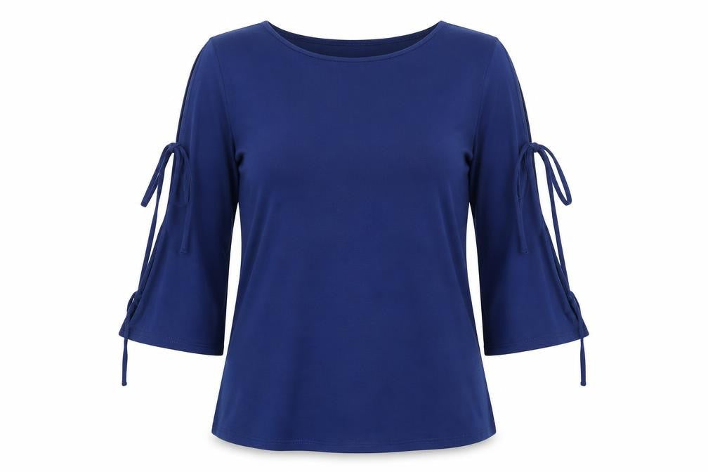 Preworn Womens Blue Polyester Basic Blouse Size L Boat Neck - Tie Sleeve Detail