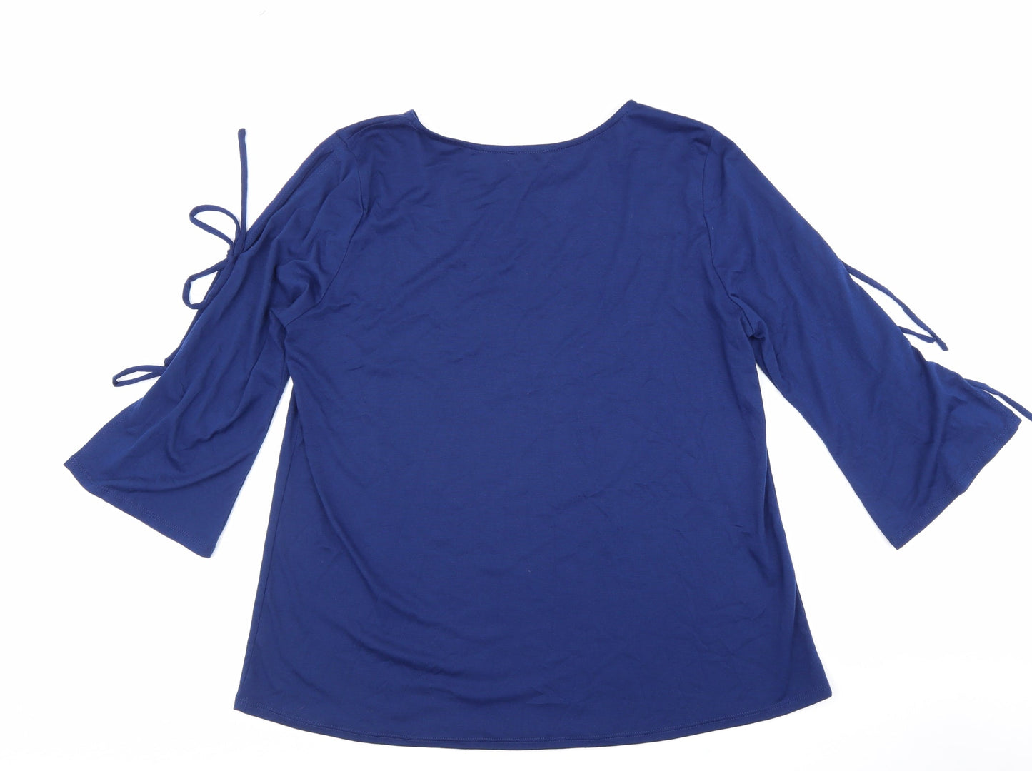 Preworn Womens Blue Polyester Basic Blouse Size L Boat Neck - Tie Sleeve Detail