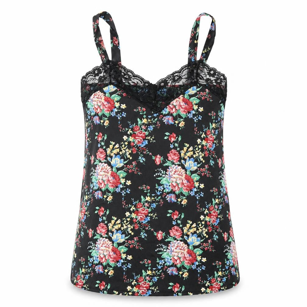 Topics Womens Black Floral Polyester Basic Blouse Size L V-Neck - Lace trim