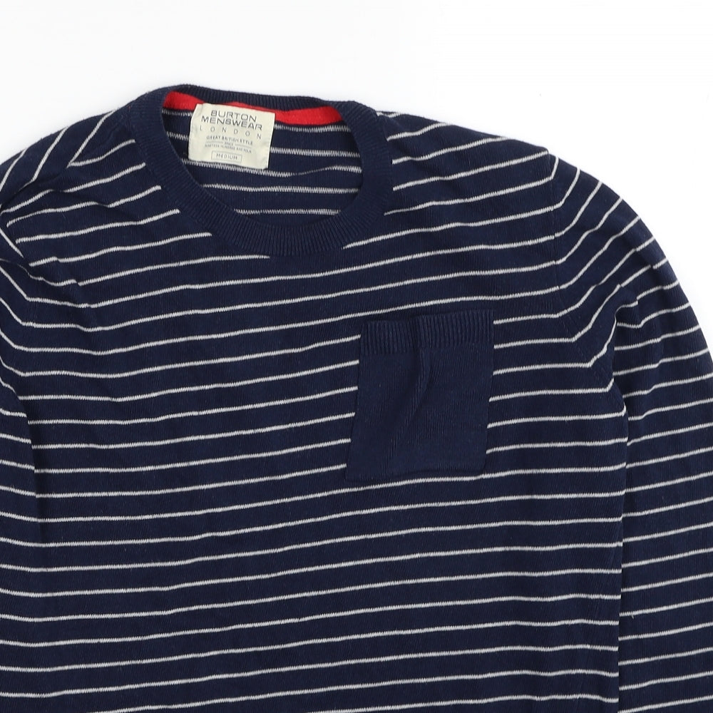 Burton Mens Blue Round Neck Striped Polyester Pullover Jumper Size M Long Sleeve