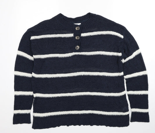 Papaya Womens Blue Round Neck Striped Acrylic Henley Jumper Size L
