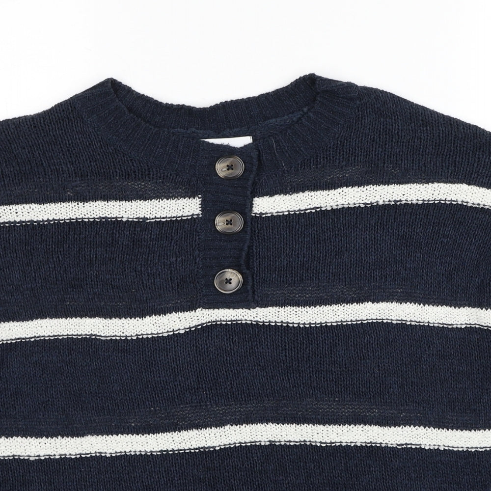 Papaya Womens Blue Round Neck Striped Acrylic Henley Jumper Size L