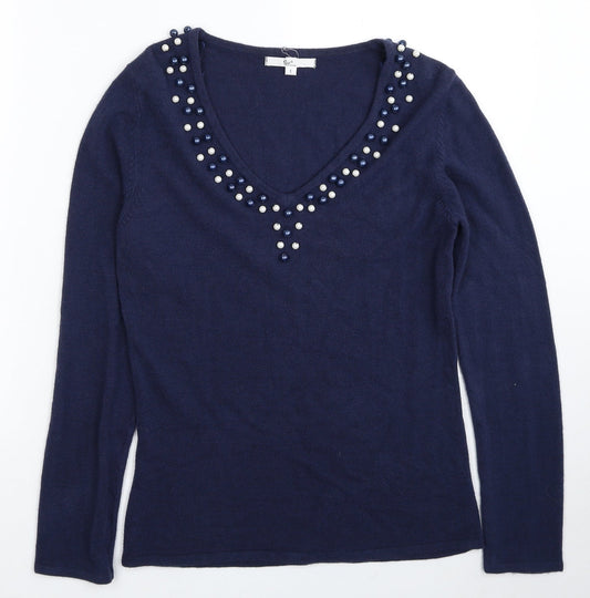 Klass Womens Blue V-Neck Acrylic Pullover Jumper Size S