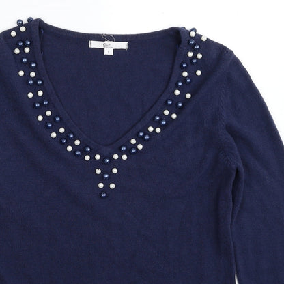 Klass Womens Blue V-Neck Acrylic Pullover Jumper Size S
