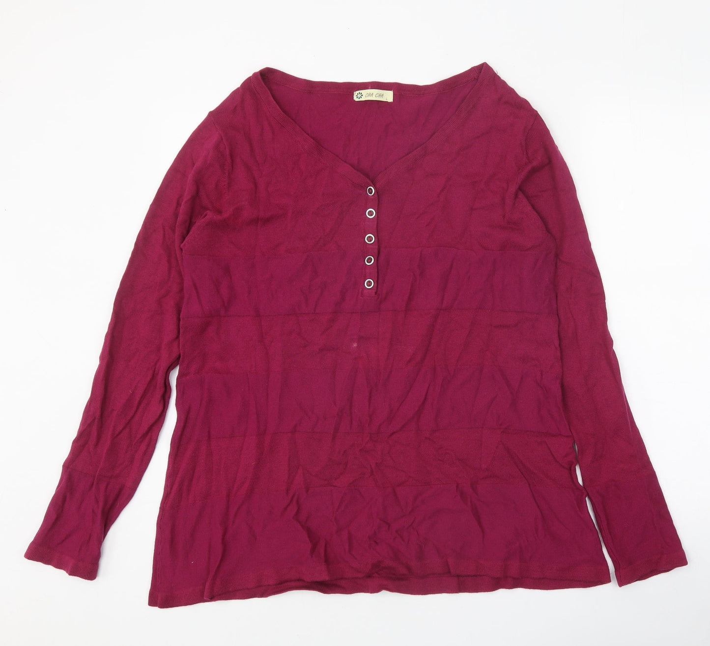 Cha Cha Womens Pink V-Neck Cotton Pullover Jumper Size L - Snap Closure