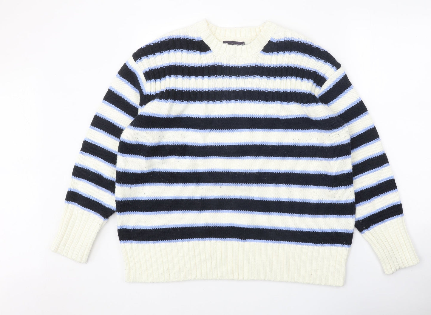 Marks and Spencer Womens White Round Neck Striped Acrylic Pullover Jumper Size L