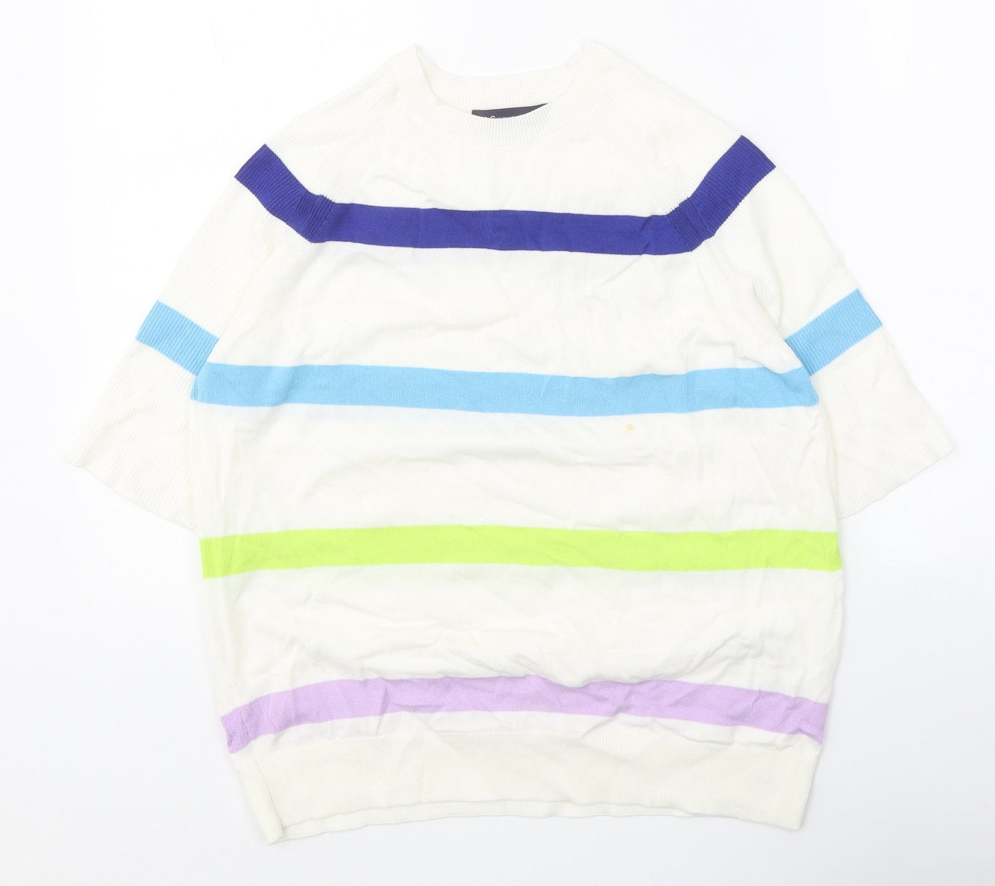 Marks and Spencer Womens White Round Neck Striped Cotton Pullover Jumper Size M