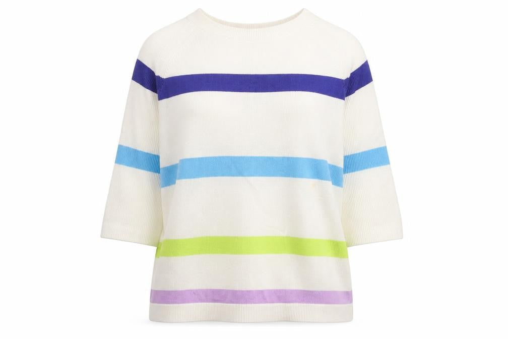 Marks & Spencer Womens White Round Neck Striped Cotton Pullover Jumper Size M