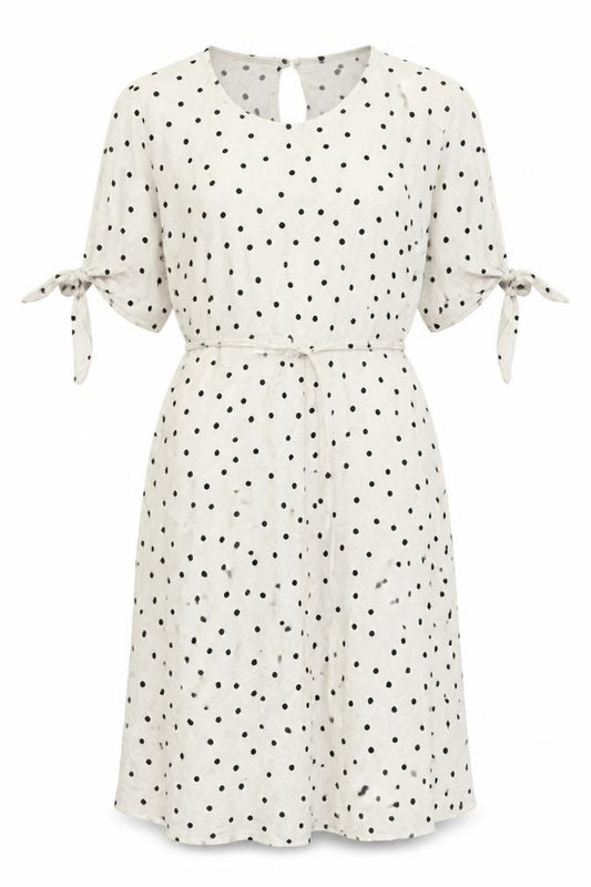 Primark Womens White Polka Dot Viscose A-Line Size 6 Round Neck Button - Tie Sleeve Detail