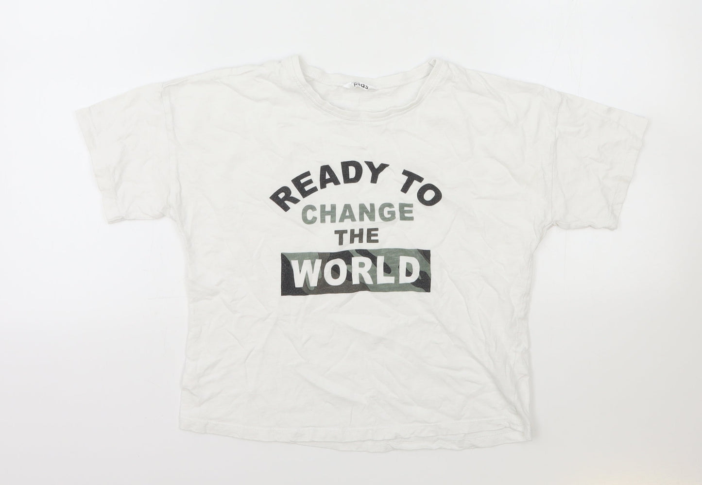 M&Co Boys White Cotton Basic T-Shirt Size 11-12 Years Round Neck Pullover - Ready to Change the World