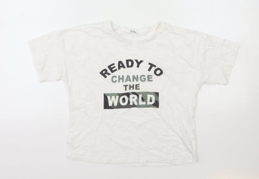 M&Co Boys White Cotton Basic T-Shirt Size 11-12 Years Round Neck Pullover - Ready to Change the World