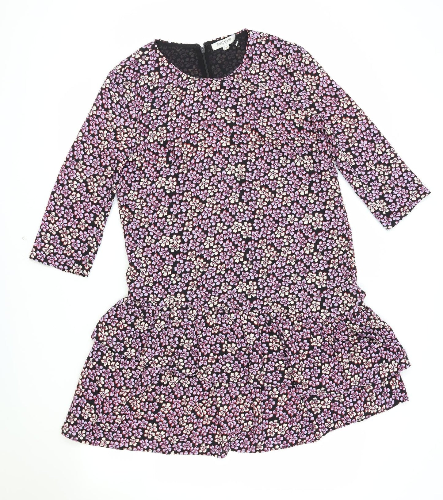 Great Plains Womens Black Floral Polyester Trapeze & Swing Size 10 Round Neck Zip