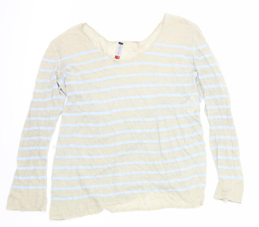 Marc Cain Womens Beige Scoop Neck Striped Linen Pullover Jumper Size 6