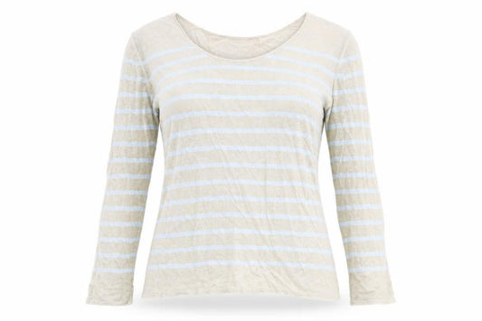 Marc Cain Womens Beige Scoop Neck Striped Linen Pullover Jumper Size 6
