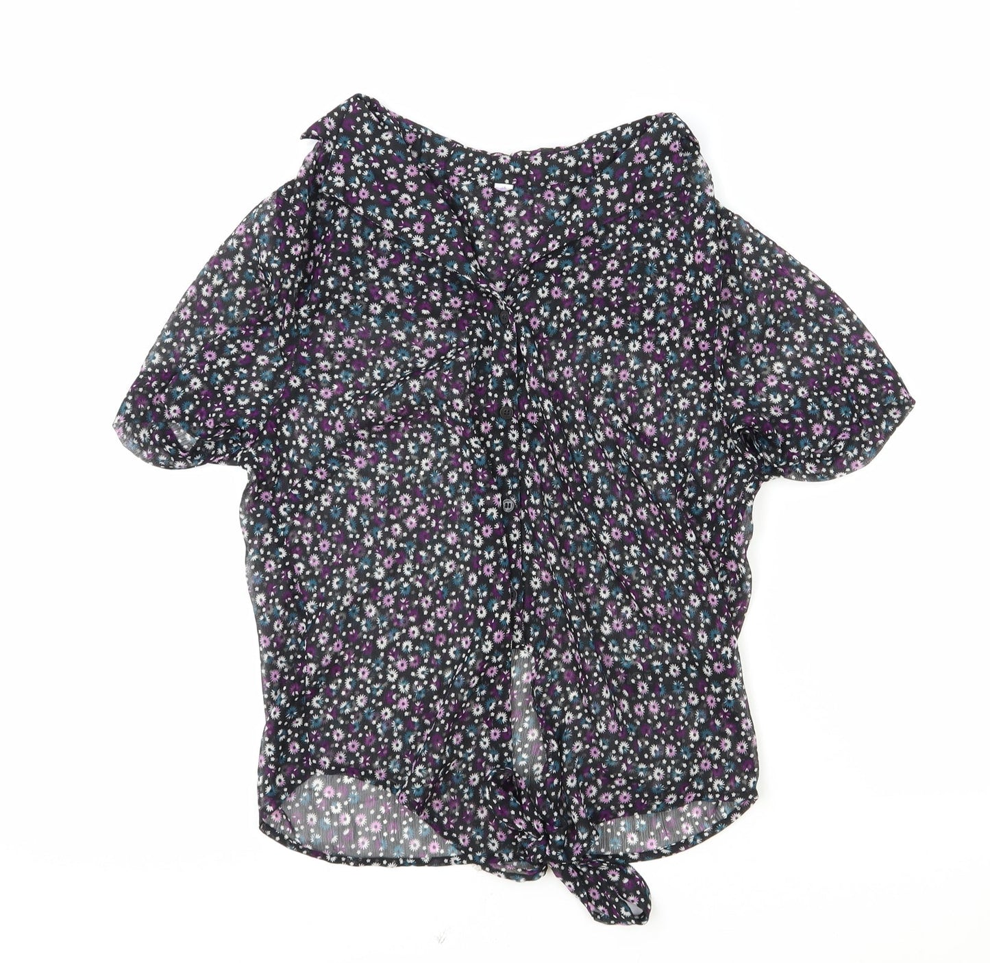 Debenhams Womens Black Floral Polyester Basic Button-Up Size 12 Collared - Knot Front