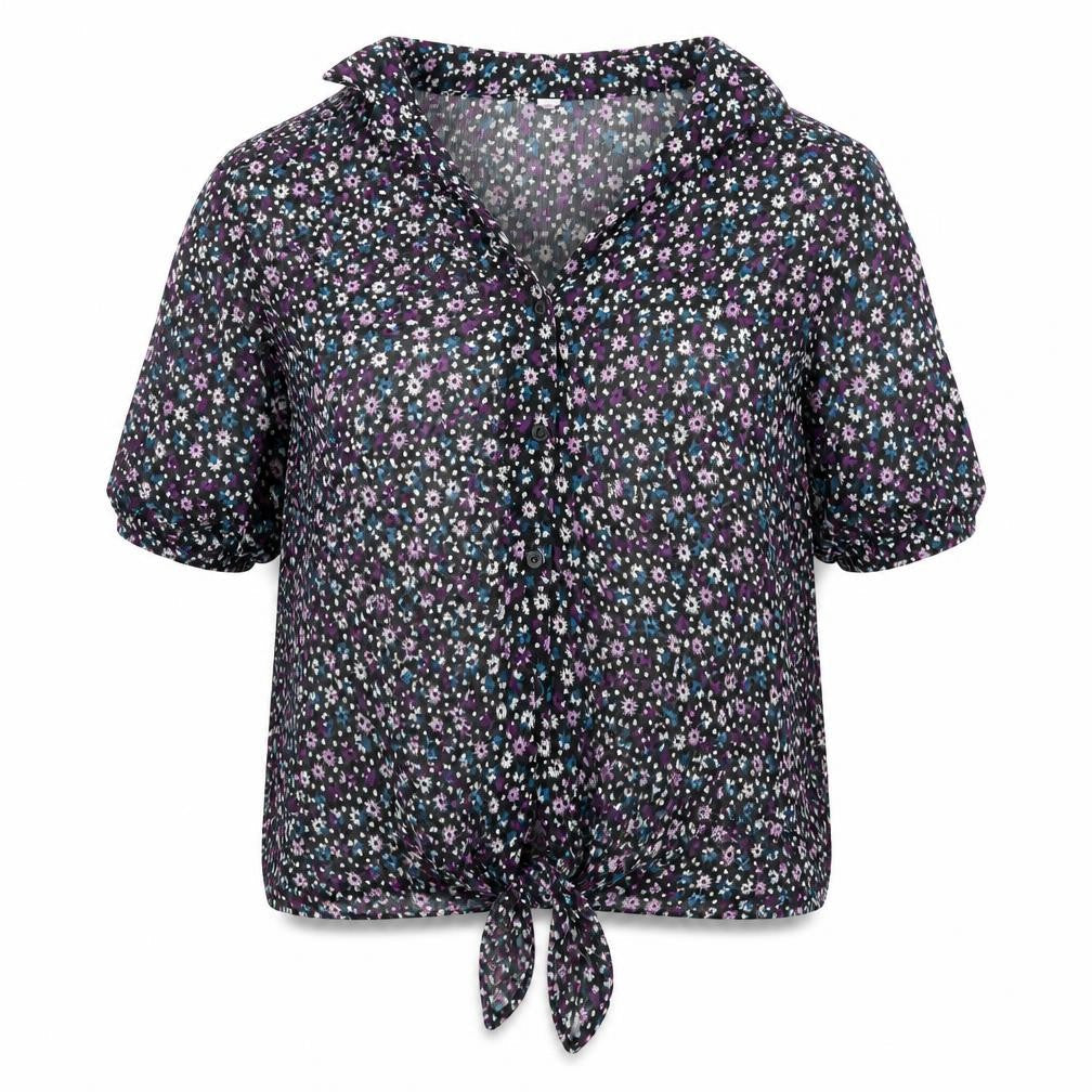 Debenhams Womens Black Floral Polyester Basic Button-Up Size 12 Collared - Knot Front