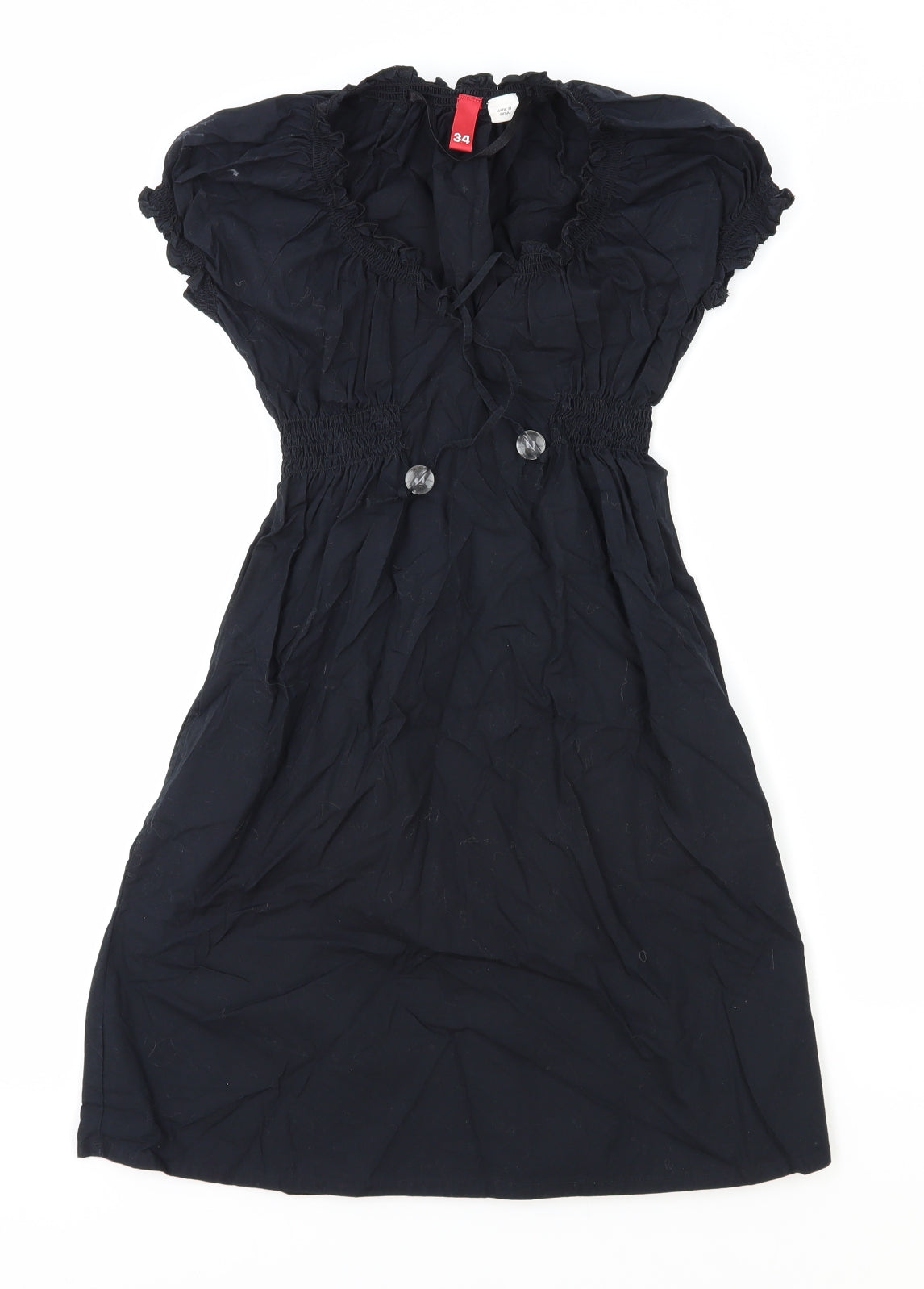 H&M Womens Blue Polyester Fit & Flare Size 6 V-Neck Drawstring - Shirred Waist