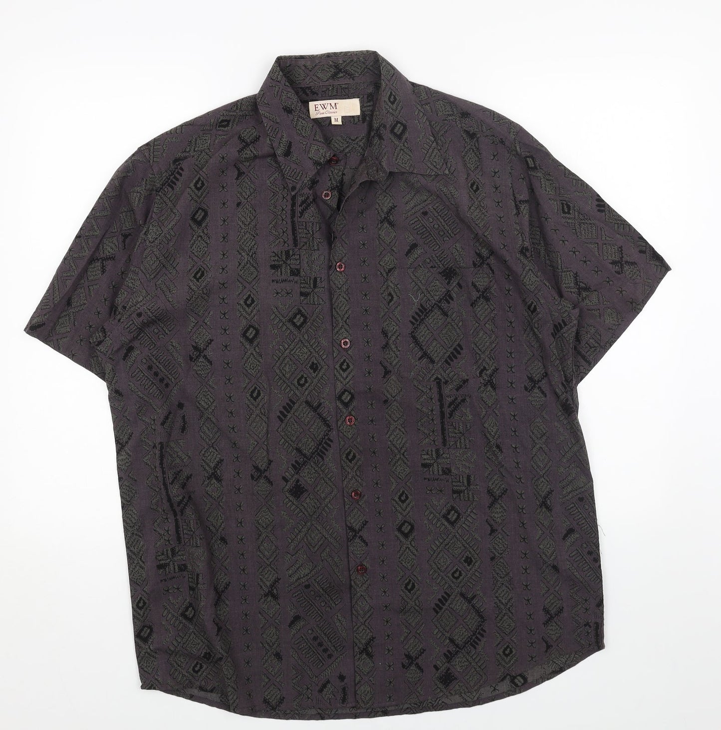 EWM Womens Blue Geometric Cotton Basic Button-Up Size M Collared