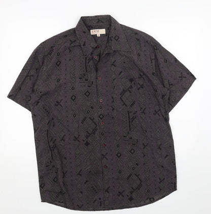 EWM Womens Blue Geometric Cotton Basic Button-Up Size M Collared