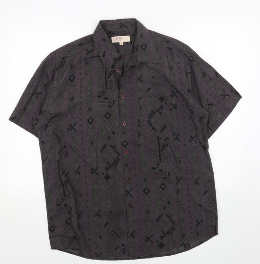 EWM Womens Blue Geometric Cotton Basic Button-Up Size M Collared